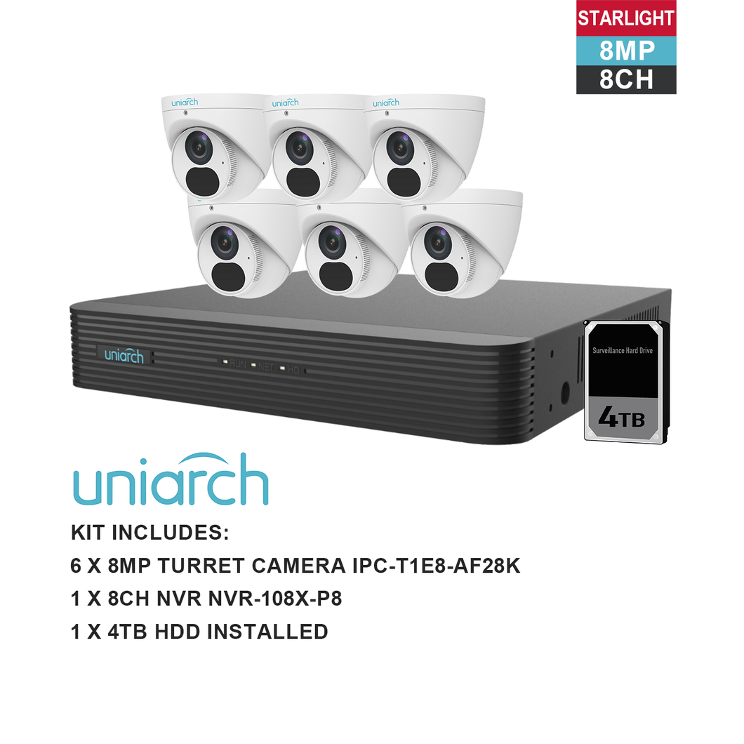 UNIARCH 8MP 8CH KIT WITH 6*TURRET CAMERAS