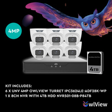 Load image into Gallery viewer, UNV OWLVIEW 4MP 8CH KIT WITH 6*OWLVIEW TURRET CAMERAS
