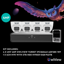 Load image into Gallery viewer, UNV OWLVIEW 4MP 4CH KIT WITH 4*OWLVIEW TURRET CAMERAS
